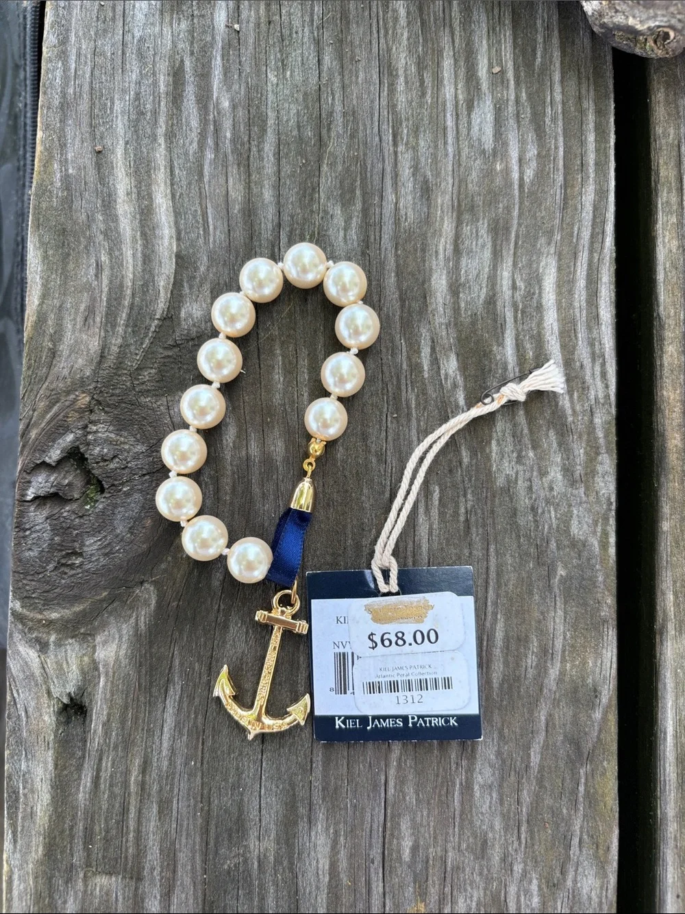 Kiel James Patrick Pearl Bead Necklace with Gold Anchor Charm and Navy Accent